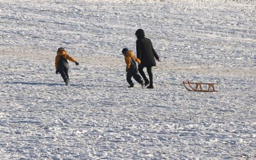 Dzieci zjeżdżąją na sankach w Rzeszowie